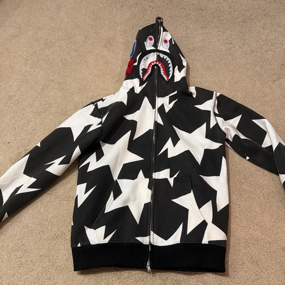 Mens L BAPE Shark Black White Star Design Full Zip Hoodie 2022 Edition